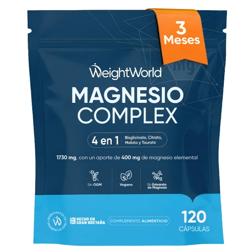 WeightWorld Complejo de Magnesio 4 en 1 - Formato Bolsa con 120 cápsulas para 2 meses de suministro - Para Energía, Músculos y Descanso - Con 400 mg de Magnesio E