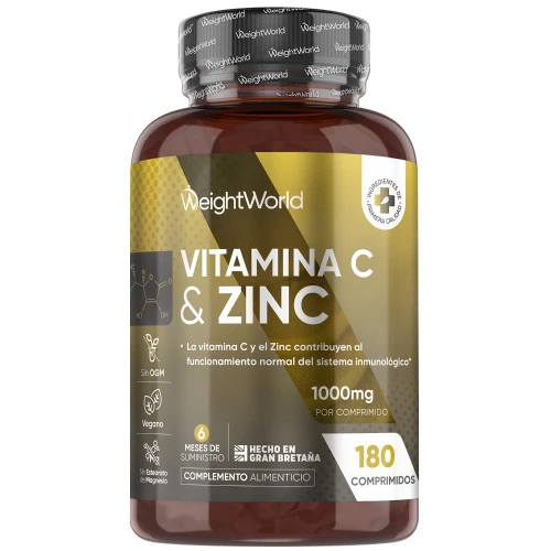 Vitamina C 1000Mg Y Zinc - 180 Comprimidos Veganos Para 6 Meses - La Vitamina C Contribuye Al Funcionamiento Normal Del Sistema Inmune Y El Zinc Contribuye Al Mantenimiento Normal De La Piel (Efsa)-image