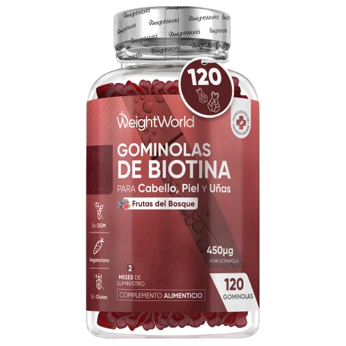 WeightWorld Gominolas de Biotina 450 mcg 120 unidades - Dosis Equilibrada con Vitaminas y Minerales para Belleza Diaria - Vegetarianas, sin OGM y sin Gluten