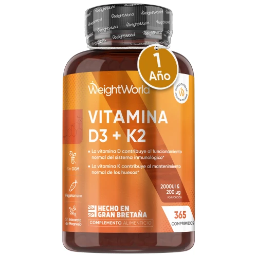 Weightworld Vitamina D3 + K2 Vegana 2000 Ui 200 Mcg - 365 Comprimidos - Para Sistema Inmune Y Cuidado De Huesos Y Músculos