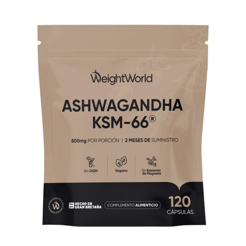 WeightWorld Cápsulas de Ashwagandha KSM-66 500 mg - Suplemento Vegano, sin OGM ni Estearato de Magnesio