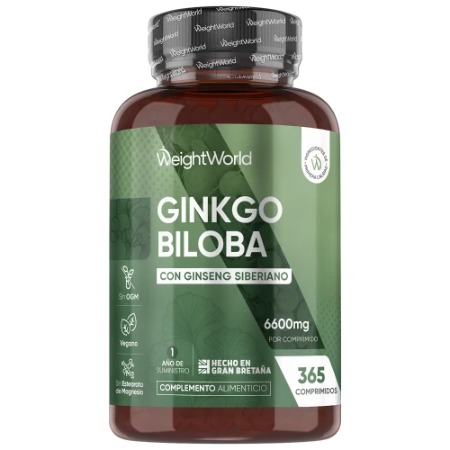 Ginkgo Biloba 6600 mg · 365 Comprimidos · Fórmula con Ginseng Siberiano